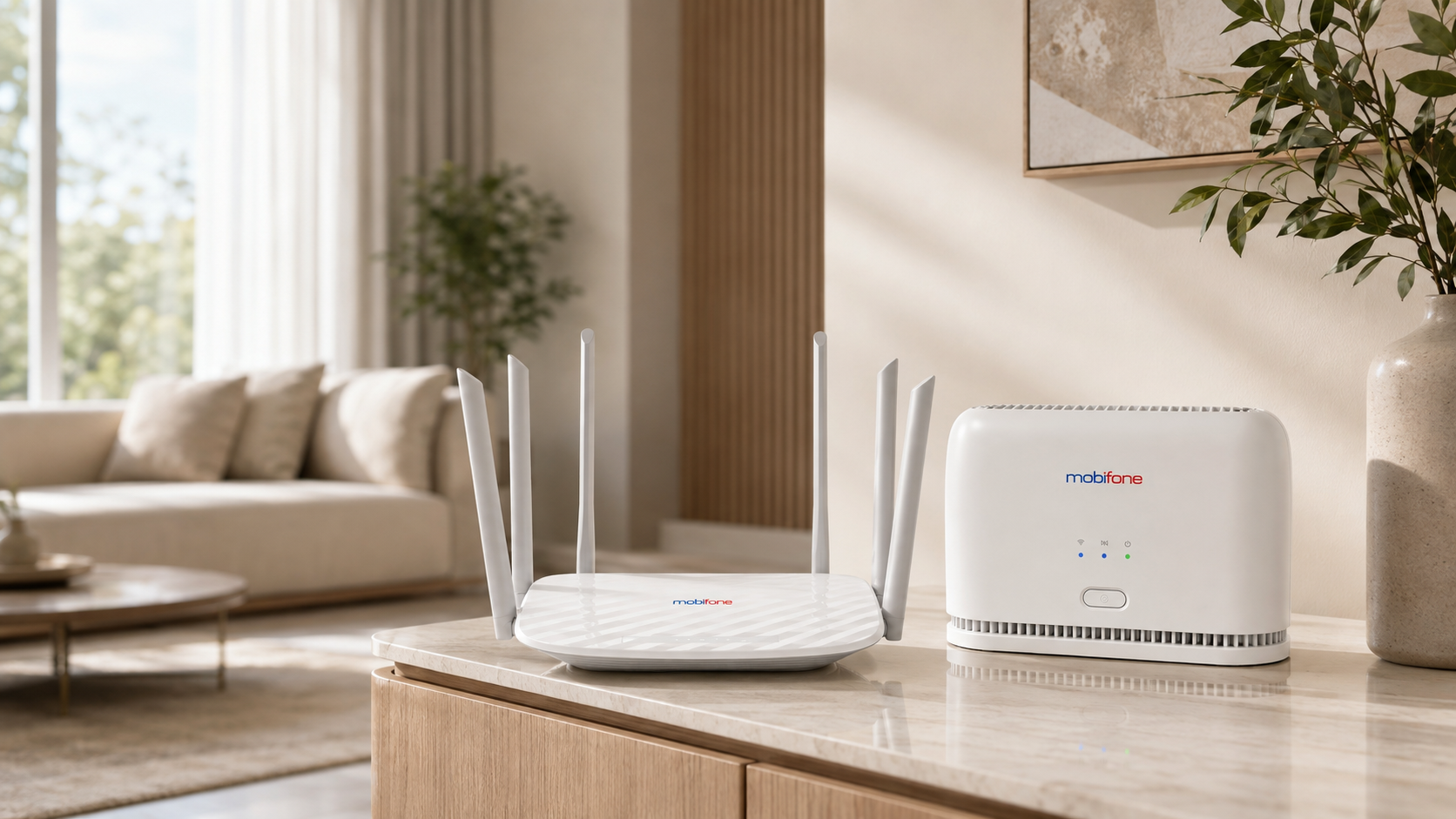 Router MobiFiber và thiết bị MobiWifi FWA trong phòng khách sang trọng